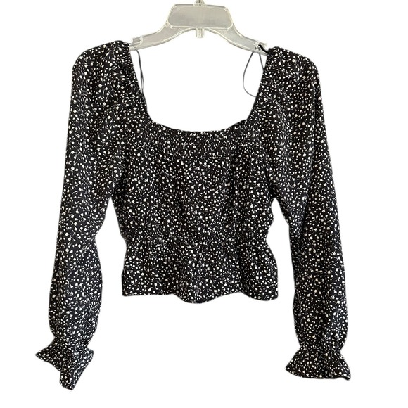 Paper Crane Black Ditsy Floral Smocked Peplum Top Square Neck S Milkmaid N WT - Picture 2 of 7